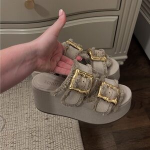 SCHUTZ Women's Tan Platform Sandals with Gold Accents
